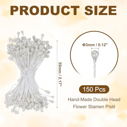 PATIKIL 3mm Double Heads Flower Stamen, 150 Pcs Artificial Flower Stamen Pistil Matt Pearl Floral Stamen for DIY Christmas Card Wedding Decoration, White - color: White