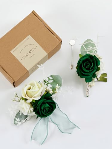 SITUMEIZI 2Pcs Green Corsage and Boutonniere Set Wrist Corsage Bracelets and Boutonniere for Men Wedding Prom Party Suit Decor - color: Green