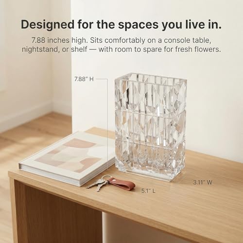 Clear Crystal Flower Vase Heavyweight Glass Centerpiece Modern Rectangular Decorative Vases for Living Room Minimalist Home Decor Securely Packaged 5.1x3.11x7.88 in 1 Pc - color: Clear