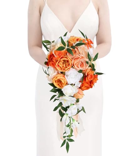 Wedding Bouquet,10 Inch Terracotta Bouquet Cascading Bridal Bouquets for Bride for Wedding Ceremony and Anniversary(Orange) - color: Orange