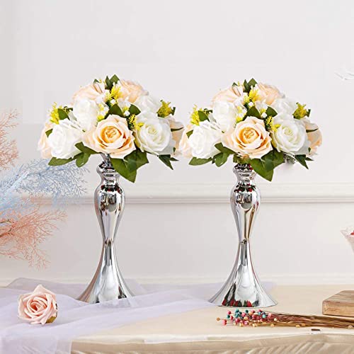 Flower Balls Wedding Rose Centerpieces: 10pcs Fake Flowers Decor for Table | Artificial Champagne White Kissing Balls Floral Arrangements - Faux Flower Bouquet with Base Home Party DIY Decorations - color: Peach Champagne & White