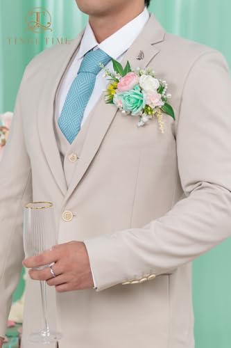 TINGE TIME Luxury Groom Boutonniere for Wedding, 1 PCS Pocket Boutonniere for Men, Artificial Corsage for Wedding, Prom, Homecoming, Anniversary, Graduation, Christmas Dinner (MintGreen&Pink) - color: Mint Green & Pink