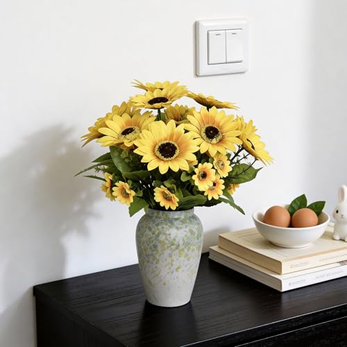 14" Artificial Sunflowers Arrangement in Green & Blue Speckled Ceramic Vase – Faux Sunflower Floral Centerpiece for Spring Home Décor, Tabletop, Shelf & Office Decoration