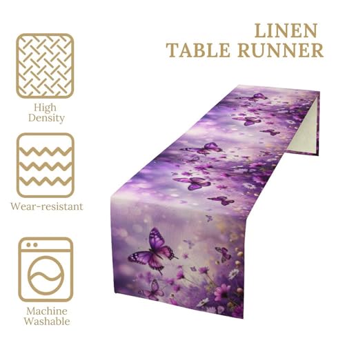 Flowers Butterfly Spring Table Runner, Purple Floral Seasonal Kitchen Dining Table Decoration for Home Party Decor 13x36 Inch - color: Butterfly_3, size: 13x36inch