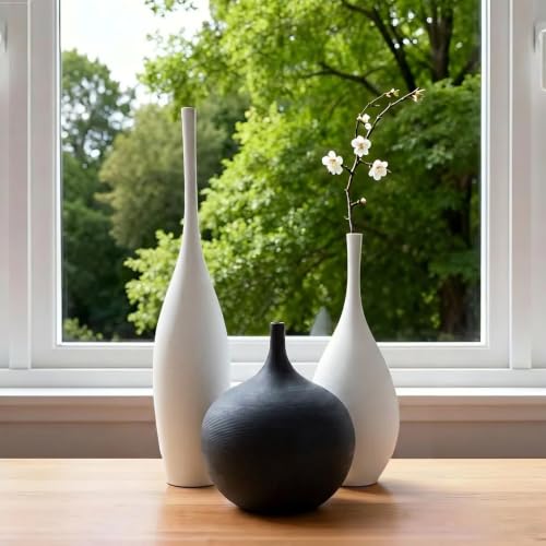 Relexome White Ceramic Vase Modern Wabi-Sabi Black Flower Vase Set of 3 Decorative Aesthetic Vases for Centerpieces Pampas Matte Minimalist Vases for Living Room Table Shelf Home Decor Gift - color: 2white+black