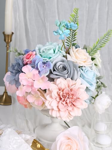 Pink Blue Flowers Combo Box, Light Blue Rose Silk Fake Flowers for DIY Floral Arrangements Wedding Bouquets Centerpiece Baby Shower Party Decoration (Blue Pink) - color: Blue Pink