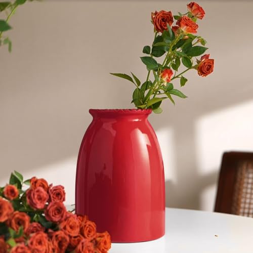 hjn Red Ceramic Vase Modern Minimalist Table Centerpiece, Round Smooth Flower Holder for Living Room, Shelf, Mantel, Wedding & Home Decor-8.3" H - color: Red