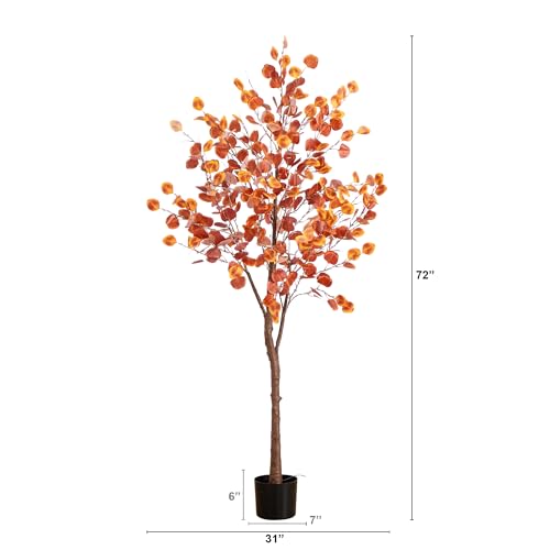 Nearly Natural 6-FT Pre-lit Artificial Autumn Eucalyptus Tree with 300 Warm White LED Lights, Faux Eucalyptus Tree with Fall Colors for Home & Office Décor in Black Nursery Planter