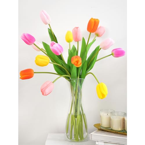 FiveSeasonStuff Real Touch Long Stem Tulips – 15 Artificial Flowers with Foldable Vase (Orange, Yellow, Mixed Pinks) for Home Décor, Weddings, and Gifts (Fiesta Medley) - color: Fiesta Medley Bloom Long Stems With Vase