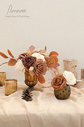 Floroom Artificial Flowers 25pcs Real Looking Earth Tones Ombre Colors Foam Fake Roses with Stems for DIY Wedding Bouquets Bridal Shower Floral Centerpieces Party Tables Home Decorations - color: Shades of Earth Tones