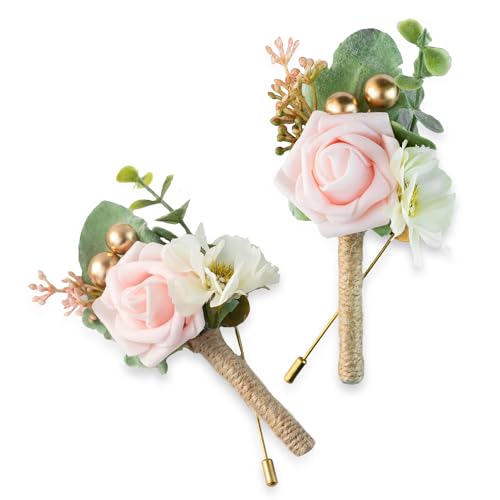 Boutonniere for Men Wedding, Groom Groomsman Artificial Rose Flowers for Wedding Anniversary Celebration,Prom,Party,Home Decoration Set of 2 (Blush) - color: Blush