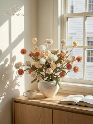 9pcs Fake Flowers Silk Mini Mums with Stems, Mixed Beige Faux Chrysanthemum Pompon Balls Artificial Flower Bulk for DIY Wedding Centerpieces, Vase Fillers, Floral Arrangements & Home Decor - color: Mixed Beige