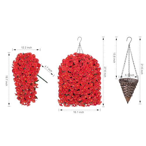 HyeFlora Artificial Fake Red Hanging Flowers Plants Baskets for Outdoor Winter Christmas, Faux Silk UV Resistant Look Real Morning Glory Vines for Outside Porch Patio Balcony Garden Yard Home Decor - color: Red Morning Flory