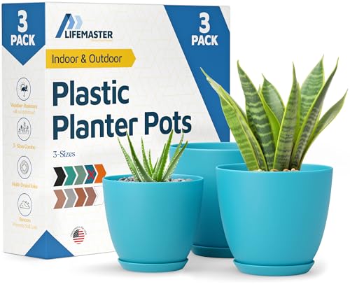 Blue Plant Pots with Drainage Holes & Saucers 3 Pack, Indoor & Outdoor Stackable Space-Saving Planters for Houseplants & Flowers, (7", 6.7", and 6" Inches), Durable & Weatherproof Materials - color: Blue, size: Pack of 3