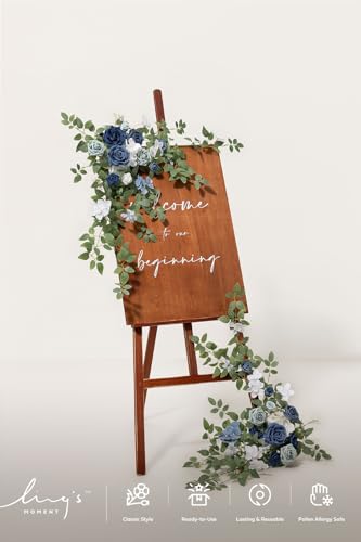 Ling's moment 2pcs Wedding Flowers Garland Artificial Floral Swag Arch Decorations Rose Greenery Arrangements Dusty Blue & Navy Ceremony Reception Garden Easel Wall Entryway Outdoor (NOT Include Sign - color: Dusty Blue & Navy