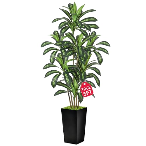 Dracaena Artificial Plant, 5FT Tall Artificial Plants Indoor Dracaena Tree in Pot, Fake Floor Plant for Living Room Decor, Artificial Tropical Plants Outdoor Porch Decor Office (Black, 5FT) - color: Black, size: 5FT
