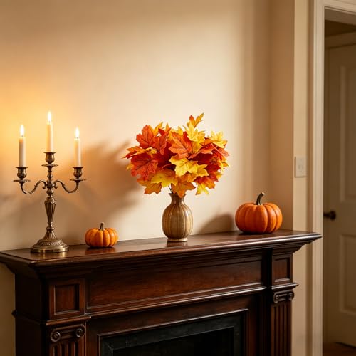 6 Pcs Artificial Maple Leaves Branches Fall Flowers 12 Inch Faux Fall Foliage Autumn Stems for Thanksgiving Table Centerpiece Harvest Home Decor Vase Filler - color: Orange 2