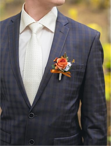 Marriwise 6pcs Coral Orange Boutonniere for Men, Artificial Silk Rose Flowers Wedding Groom Groomsmen Boutonniere for Wedding/Anniversary/Prom/Rustic Wedding/Homecoming (Coral Orange) - color: Coral Orange