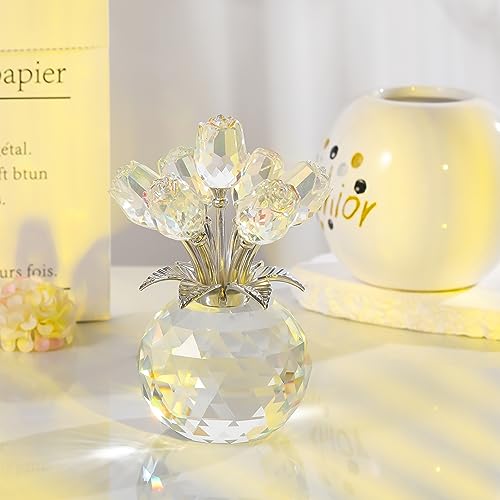 Clear Rose Flower Crystal Figurine with Vase, Bouquet Flowers Ornament Gifts for Wife Girlfriend Women, Handmade Crystal Flower Collectible Home Table Decor for Valentines Day Wedding Anniversary - color: Clear-crystal Rose