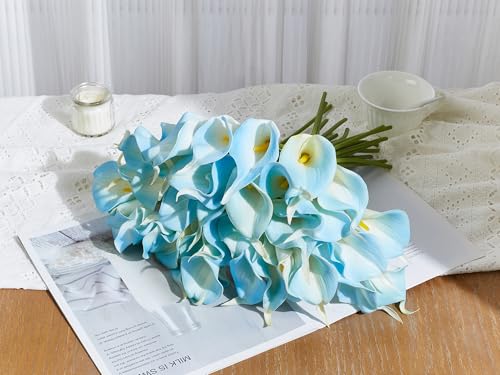24 Pcs Artificial Calla Lily Flowers Light Blue Fake Silk Flowers Real Touch for Wedding Bouquet Office Home Kitchen Decor (White Blue) - color: White-blue