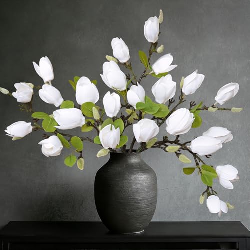 6PCS Artificial Magnolia Flowers Stems for Spring Decoration,26In Artificial White Fake Flowers with Buds Faux Long Stem Floral Arrangement for Vase Table Centerpiece Indoor Home Decor - color: White Green