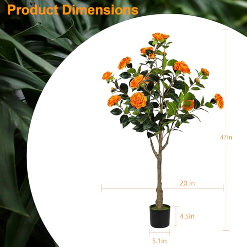47” Artificial Camellia Tree with Blooming Orange Flowers, Artificial Tree for Indoor Outdoor, Faux Camellia Tree for Modern Home Office Floor Porch Decor, Free Maintenance - color: Orange