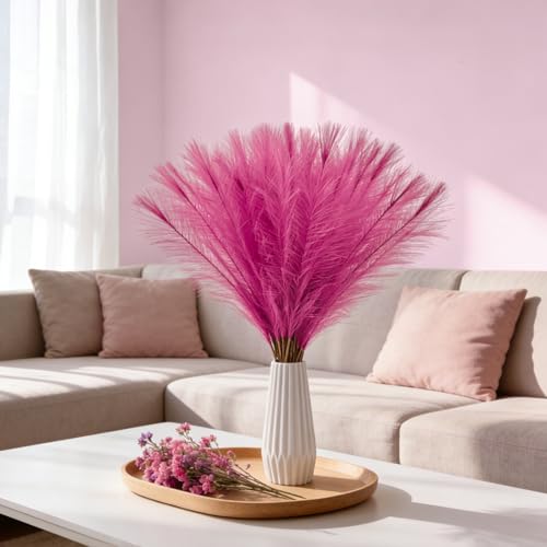 50pcs Hot Pink Pampas Grass 21.6 Inch Non-Shedding Faux Pampas for Vibrant Home Decor, Boho Wedding and Bold Color Vase Arrangements - color: Hot Pink