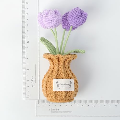Crochet Tulip Flower Plant, Small Cute Handmade Knitted Flowers with Vase, Small Crochet Potted Artificial Flower Plants for Desk Home Car Dashboard Office Decorations (Tulip-Purple) - color: Tulip-purple