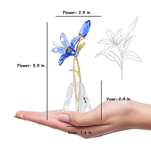 YWHL Crystal Lily Flower Figurine with Vase, Handmade Blue Lily Flower Gifts for Woman, Wedding Gifts for Couple, Home Party Decorations (Blue Lily) - color: Blue