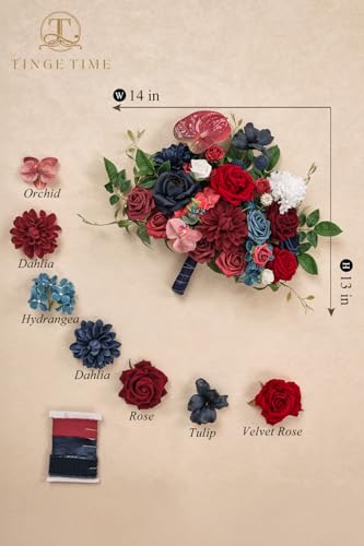 TINGE TIME 11 inch Wedding Bouquets for Bride, Burgendy Navy Artificial Flowers Bridal Bouquet, Brides & Bridesmaids Bouquet for Wedding Anniversary Ceremony Bridal Shower Decorations - color: Red&navyblue