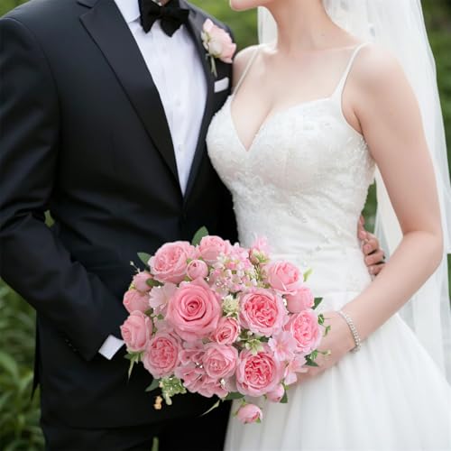 4 Pcs Mixed Artificial Peony Flowers Set-2 Bouquets & 2 Stems, Pink Fake Peony Rose Hydrangea Flowers for Vase Silk Floral Arrangements for Table Centerpiece Wedding Party Bridal Decoration Home Decor - color: Light Pink, size: Mixed 4pcs