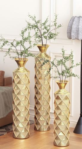 Tall Floor Vases Set of 3 for Decor Living Room Floor, Gold Vases Home Decor, Embossed Body Pattern, 33.5" H/29.5" H/25.2" H Geometric Cylinder (Gold 3) - color: Gold