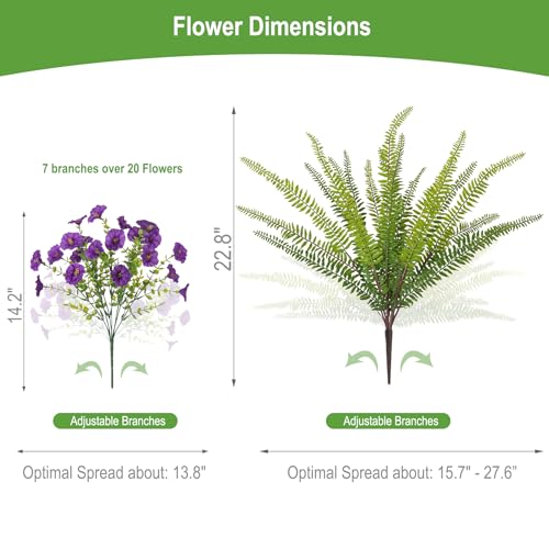 Hrobek Artificial Flowers for Outdoors Faux Plants Outside Indoor,UV Resistant Silk Fake Morning Glory Tall Ferns for Home Patio Garden Yard Front Porch Decor (13 Bunches,7 Multi Colors) - color: 7 Color Mixed (2 Purple,2 Light Purple,2 Fuchsia,2 White,2