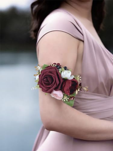 Rinlong 2Pcs Burgundy Wrist Corsage for Wedding, Prom, Homecoming | Bridesmaid Wristlet, Mother of the Bride Flower Corsage - color: 09-burgundy