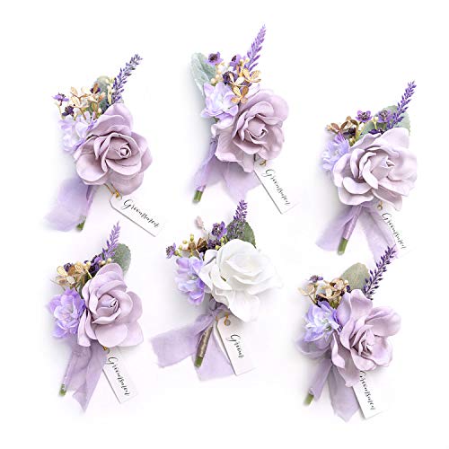 Ling's moment Boutonniere for Men, 6pcs Groom Groomsmen Boutonniere with Built-in Pins, Artificial Flowers for Wedding Decor/Prom/Homecoming, etc.Purple Lilac Lavender - color: Prpl-purple & Lilac Lavender
