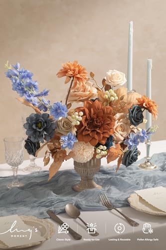 Ling's moment Burnt Orange & Navy Artificial Flowers and Greenery Deluxe Combo Box Set, Terracotta Fake Flower for DIY Wedding Bridal Bouquet, Centerpieces Decor, Floral Arrangement Decor, etc. - color: Or-burnt Orange & Navy, size: Deluxe