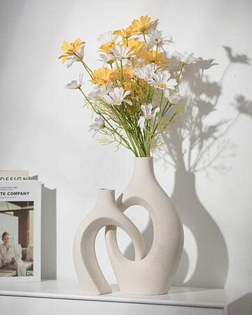Levvohd XL Beige Ceramic Vase Set of 2 for Modern Home Decor, Eclectic Entryway Modern Boho Hollow Flower Vases for Living Room Bookshelf Dining Coffee Table Centerpiece (W 6.8" X H 11") - color: Beige - Xl Hollow