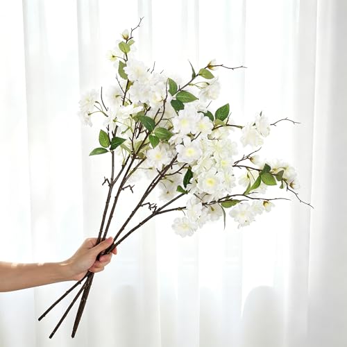 KHOYIME Artificial Cherry Blossom Branches 4PCS White Fake Silk Flowers Faux Long Stems Realistic Cherry Peach Floral Plants Spring Decor for Vase Table Centerpiece Indoor Home Office Wedding Party - color: White