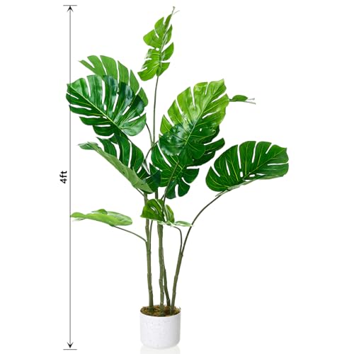 4FT Artificial Monstera Deliciosa Plant in White Planter Pot, Faux Split Leaf Philodendron Tree, Realistic Indoor Outdoor House Plants Swiss Cheese Floor Tree for Living Room Home Office Decor