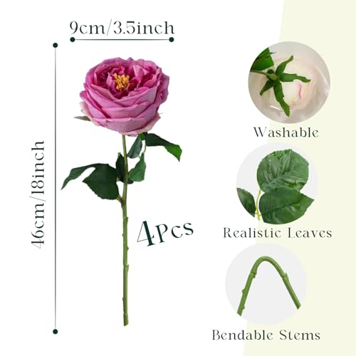 4 Pcs Real Touch Peonies Artificial Flowers, 3.5'' Big Bloom Austin Rose Peony Latex Fake Flower with Stems for Wedding Bouquet Party Valentines Arrangement Home Kitchen (Rose Red) - color: Rose Red