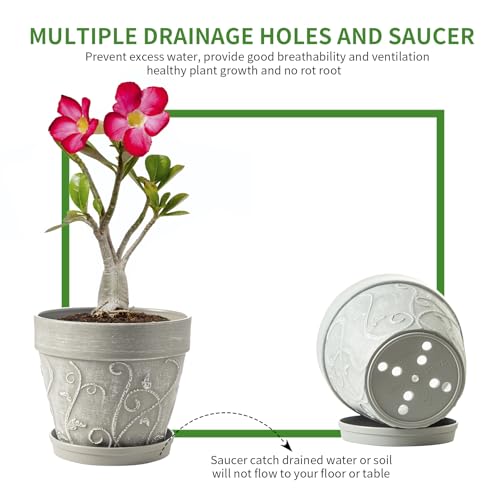 Melphoe Plant Pots Indoor with Drainage & Saucer, 2Pack 7 inch Flower Pots Outdoor Planters for Indoor Plants Garden Home Decor Cactus Succulent, Rigid Plastic (Imitation-Terracotta) Vine-Embossed - color: Cement Grey Color, size: 7''