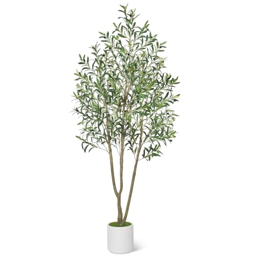 Timoo Faux Olive Tree 7FT Tall Olive Trees Artificial Indoor with White Tall Planter, Artificial Plants Indoor Faux Tree with Realistic Leaves and Fruits, Fake Plant for Home Office Decor - size: 7 FT