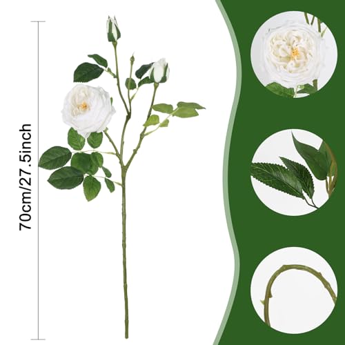 Real Touch White Austin Roses Peonies Artificial Flowers 4 Bouquets Latex Fake Peonies with Long Stem Realistic Faux Peony for Wedding Party Home Table Centerpieces Decorations (White) - color: White