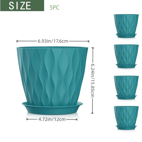 7 Inch Plant Pots 5 Pack, Flower Planters with Drainage Holes and Trays,Plastic Pots for Indoor Outdoor Plants,Green - color: Blue-green, size: 7inch 5pc