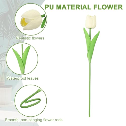 uxcell 20pcs Tulips Artificial Flowers, Faux Flowers Silk Fake Tulip Stems Real Touch for Wedding Bouquet Centerpiece Table Party Decoration(Cream White) - color: Cream White