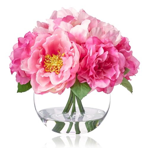 WELL KNOWN Artificial Flowers in Vase, Silk Peonies Bouquet with Faux Water, Fake Peony Pink Flower Arrangement for Home Wedding Birthday Party Dining Table Centerpiece Spring Decor & Mom's Gift - color: Pink