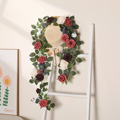 Senseya 5FT Artificial Rose Flower Garland - Dusty Burgundy Fake Floral Vine with Rose Leaves, Runner Rustic Flower Garland for Wedding Arch Backdrop Table Runner Centerpieces Party Home Mantel Decor - color: Dusty Rose Burgundy