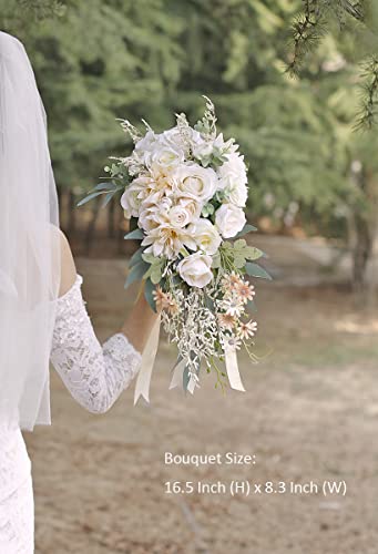 Ansofi Cascading Bouquets for Bride Beige Rose Artificial Bridal Bouquet for Boho Rustic Wedding Ceremony Anniversary - color: Bridal Bouquet