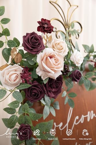 Ling's Moment 2pcs Wedding Flowers Garland Artificial Floral Swag Arch Decorations Rose Greenery Arrangements Marsala Blush Ceremony Reception Garden Easel Wall Entryway Outdoor board(NOT Include Sign - color: Marsala & Blush