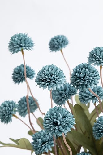 Laelfe Dusty Blue Flowers Artificial Pompon Mum, Fake Kiku Flowers Silk Small Mini Chrysanthemum Ball Faux Mum Decor for Autumn Filler DIY Bouquet Centerpieces Arrangements Shower (Dusty Blue) - color: Dusty Blue
